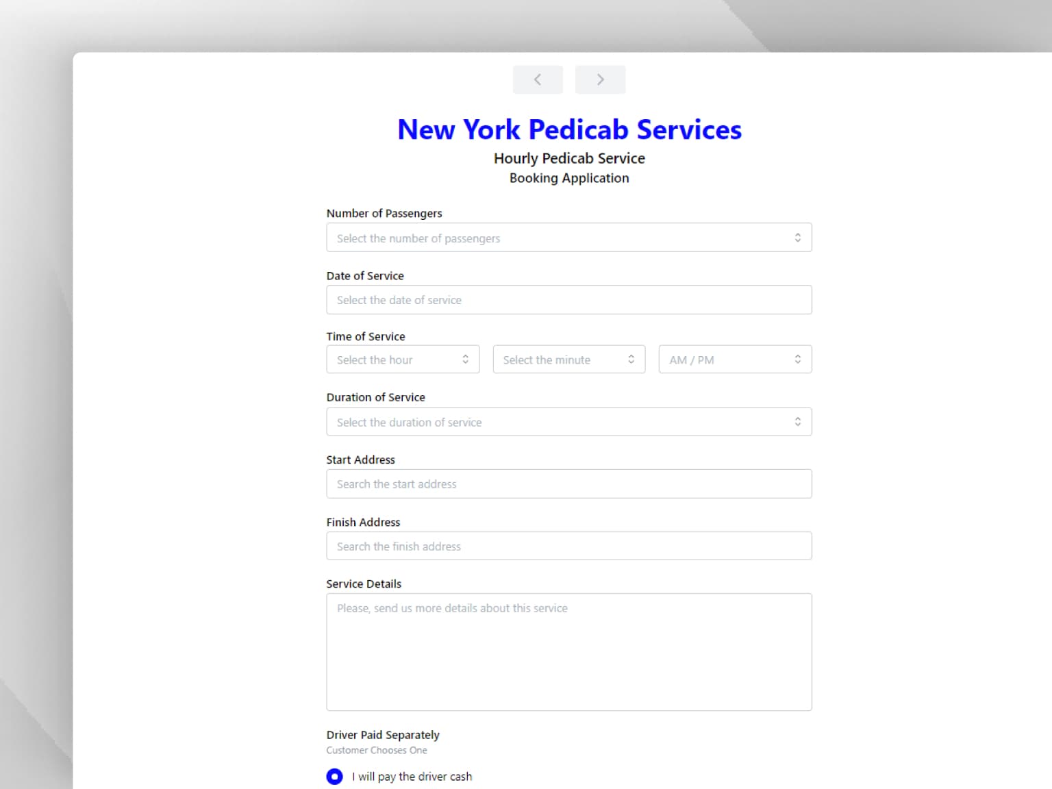 NY Pedicab booking system preview